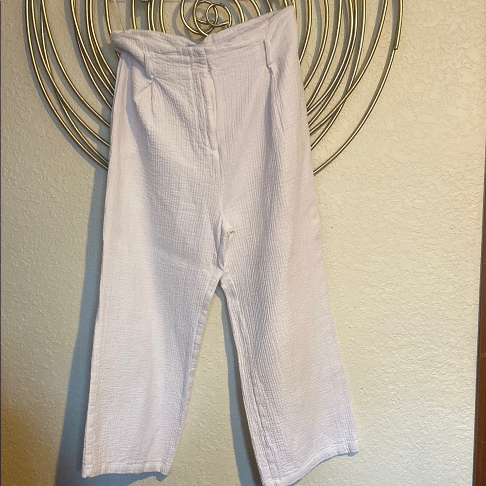 White Flowy Cotton Textured Pants
